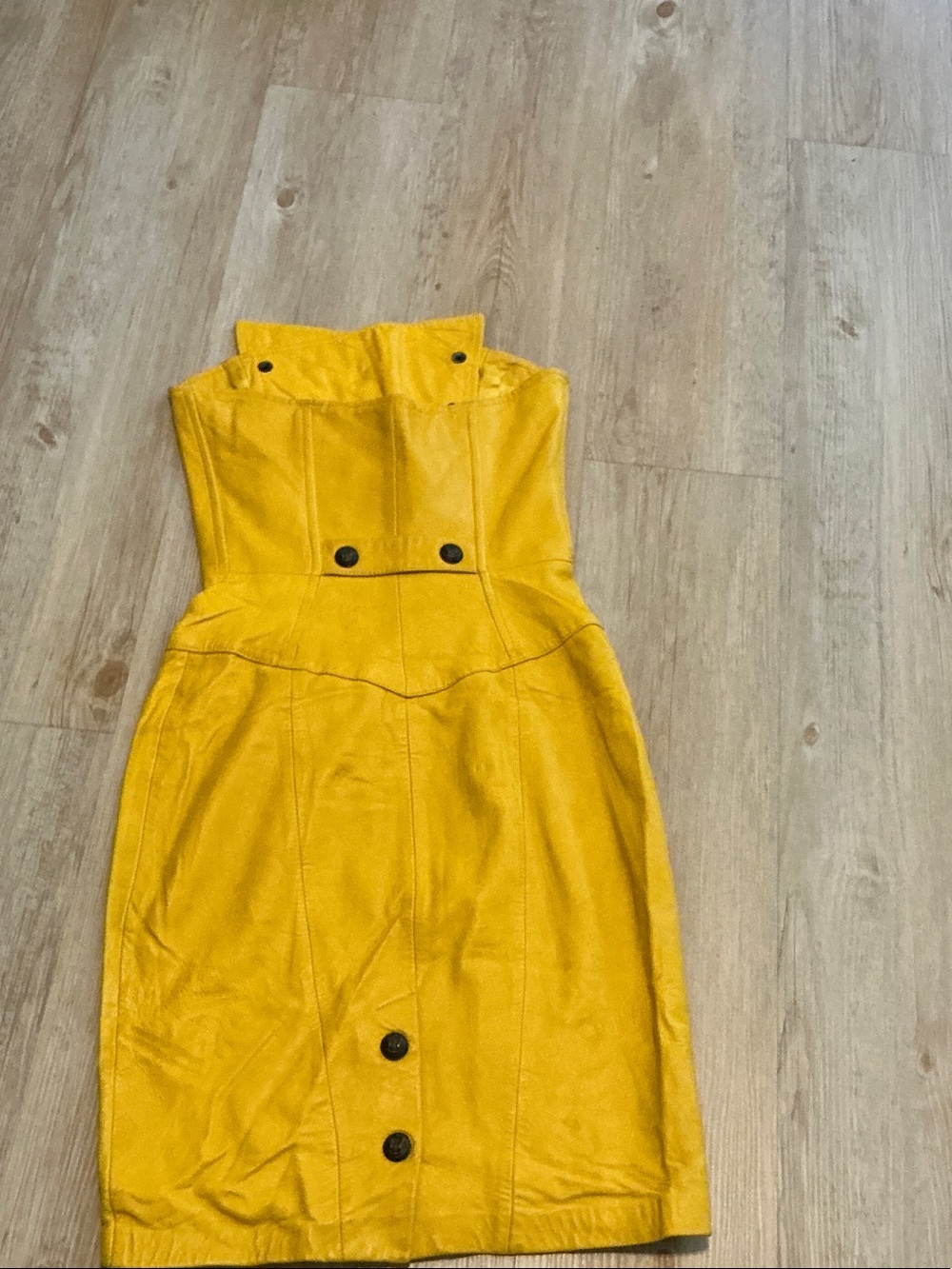 North Beach Leather Strapless Yellow Leather Pencil Dress with Black Buttons - Picture 2 of 2